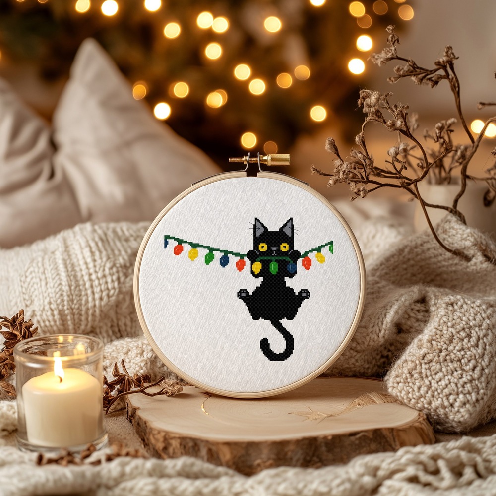 Christmas Black Cat Hanging Christmas Lights Counted Cross Stitch‎ Pattern Chart - Picture 2 of 5